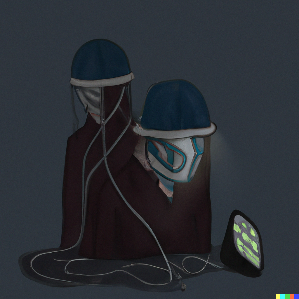 DALL·E 2023-02-27 18.29.13 - A dark picture draw of a detective with a strange mysterious helmet with cyber cords connected to him and the another helmet connected a dead girls'